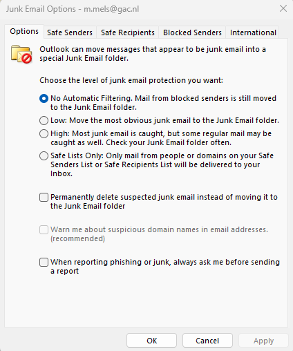 Junk Email Options