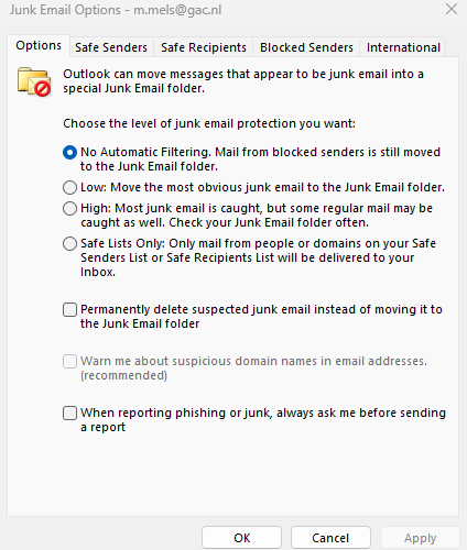 Controleren spam binnen Outlook