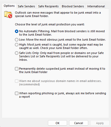 All incoming e-mails junkmail